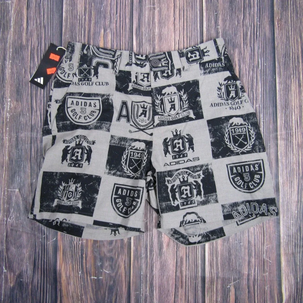 Adidas Go-To PRT Golf Shorts Mens Small Gray Black Crest Print Graphic Athletic